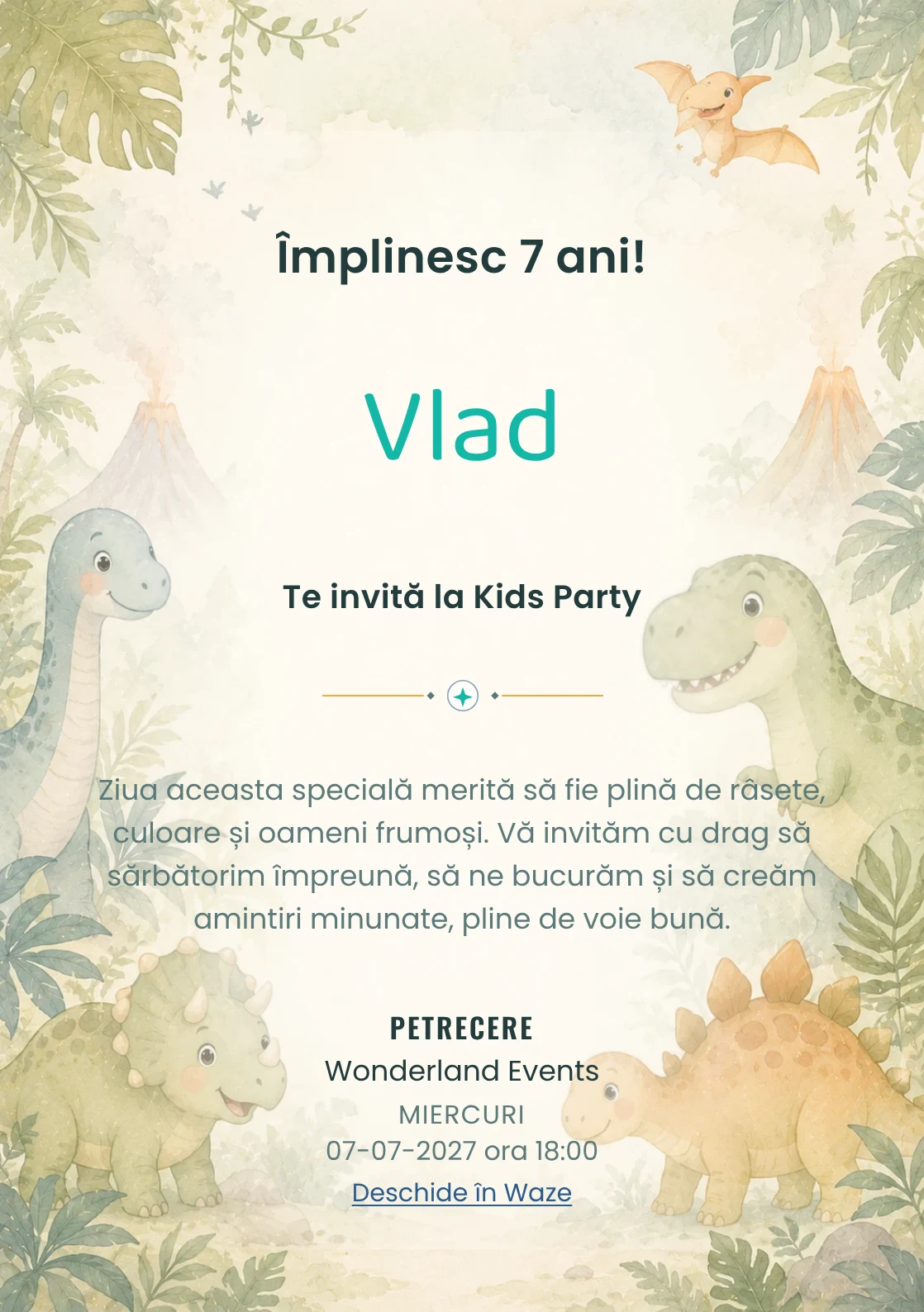 Invitație digitală Lumea Dino pentru ziua de naștere a copiilor, cu o familie de dinozauri, frunze și vulcani delicat.