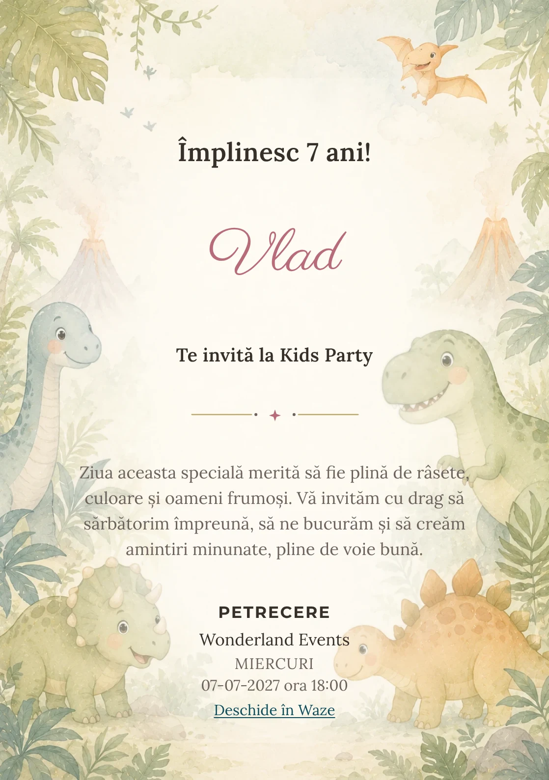Invitație digitală Lumea Dino pentru ziua de naștere a copiilor, cu o familie de dinozauri, frunze și vulcani delicat.