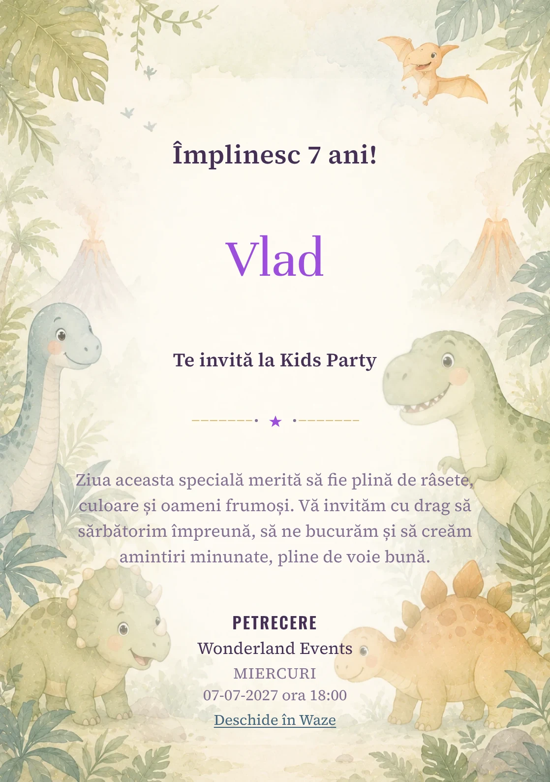 Invitație digitală Lumea Dino pentru ziua de naștere a copiilor, cu o familie de dinozauri, frunze și vulcani delicat.