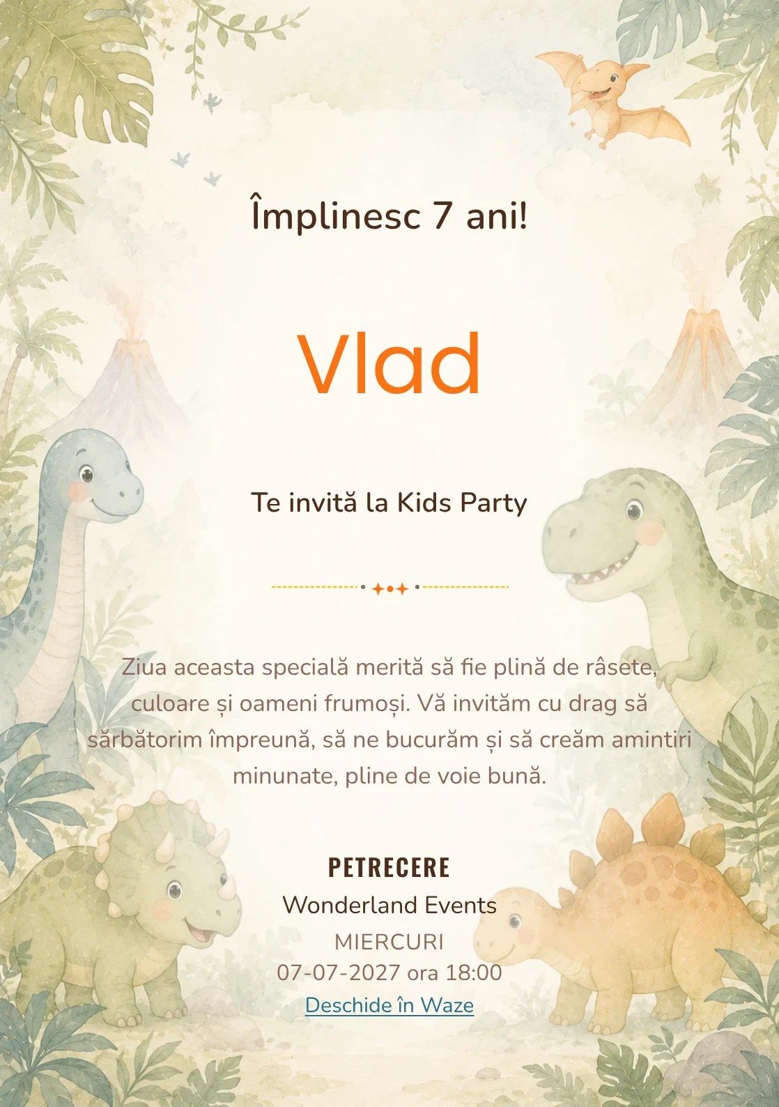 Invitație digitală Lumea Dino pentru ziua de naștere a copiilor, cu o familie de dinozauri, frunze și vulcani delicat.