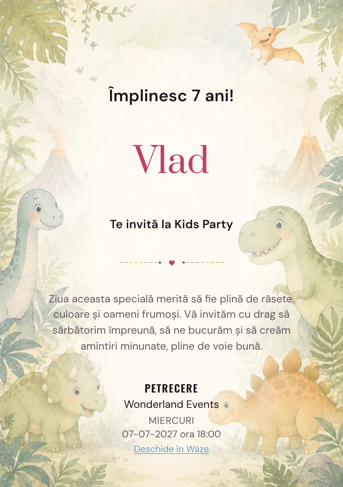 Invitație digitală Lumea Dino pentru ziua de naștere a copiilor, cu o familie de dinozauri, frunze și vulcani delicat.
