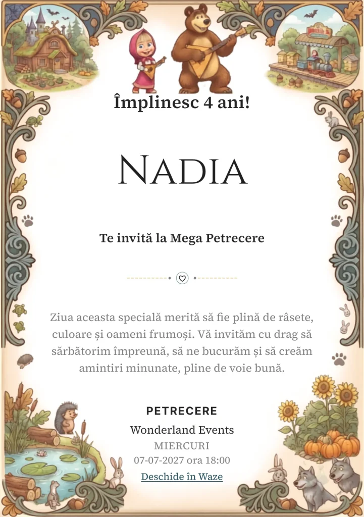 Modelul Masha și Ursul – Aventură în Pădure, invitație de zi de naștere pentru copii, prezintă fetiță, urs, căsuțe și peisaj rural de poveste.