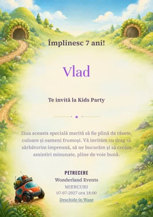 Mașinuța Exploratoare – invitație aniversară pentru copii, cu o mașină compactă, fără marcă sau faruri recognoscibile.