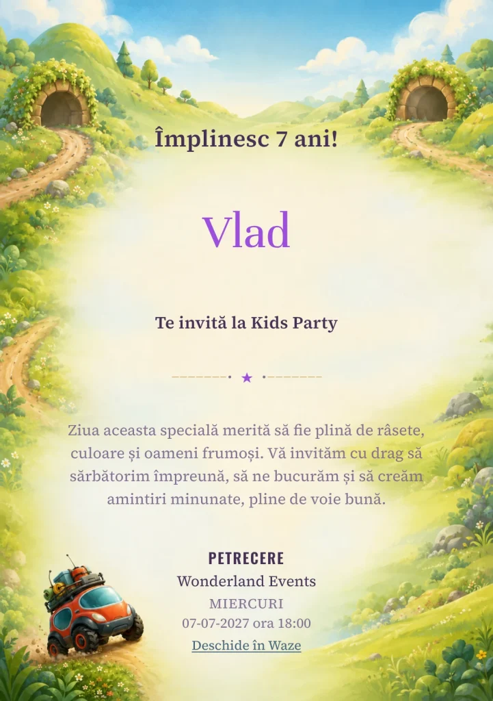 Mașinuța Exploratoare – invitație aniversară pentru copii, cu o mașină compactă, fără marcă sau faruri recognoscibile.