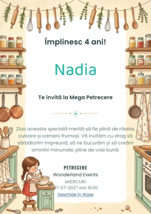 Invitație digitală Mica Gospodină – Atelierul de Bucătărie pentru ziua de naștere a copiilor, cu un copil în bucătărie, ustensile, rafturi și ingrediente într-un decor cald.