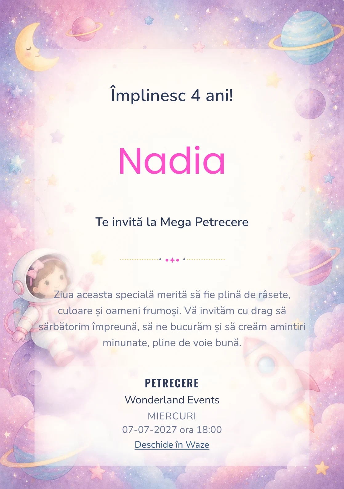 Invitație la zi de naștere Micii Astronauți pentru copii, cu o astronaută, planete pastel și stele laterale.