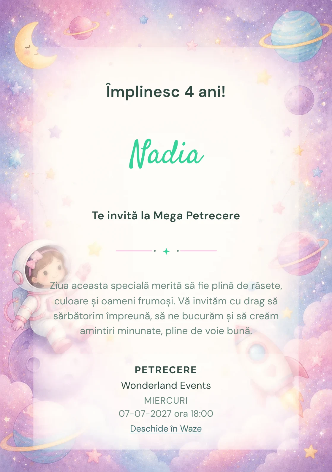 Invitație la zi de naștere Micii Astronauți pentru copii, cu o astronaută, planete pastel și stele laterale.