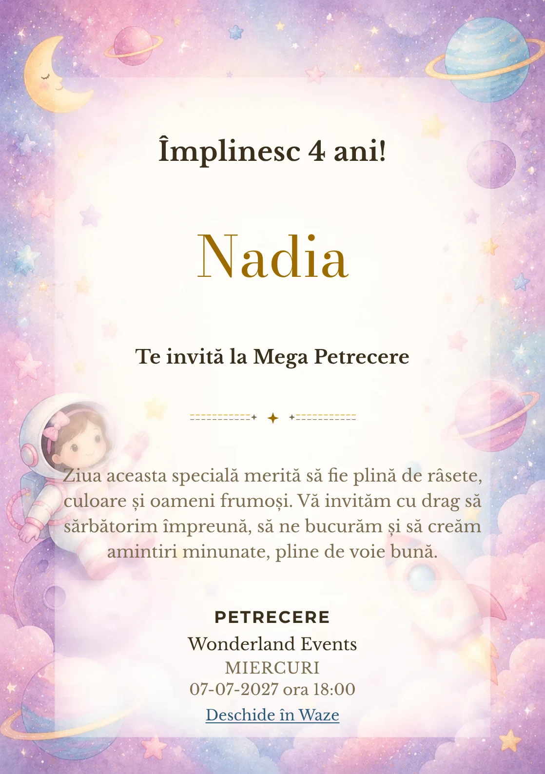 Invitație la zi de naștere Micii Astronauți pentru copii, cu o astronaută, planete pastel și stele laterale.