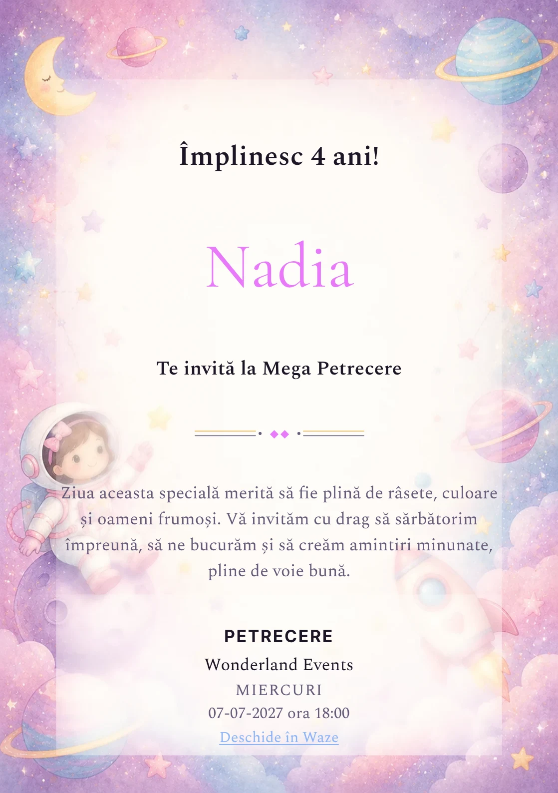 Invitație la zi de naștere Micii Astronauți pentru copii, cu o astronaută, planete pastel și stele laterale.