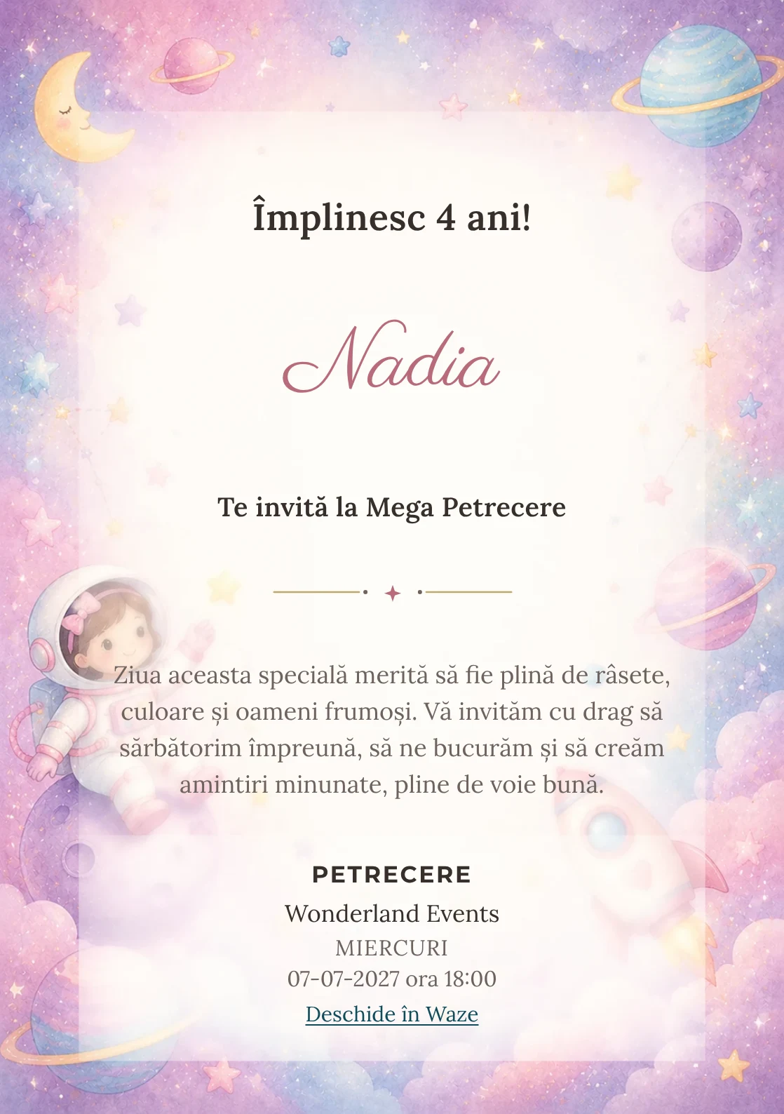 Invitație la zi de naștere Micii Astronauți pentru copii, cu o astronaută, planete pastel și stele laterale.
