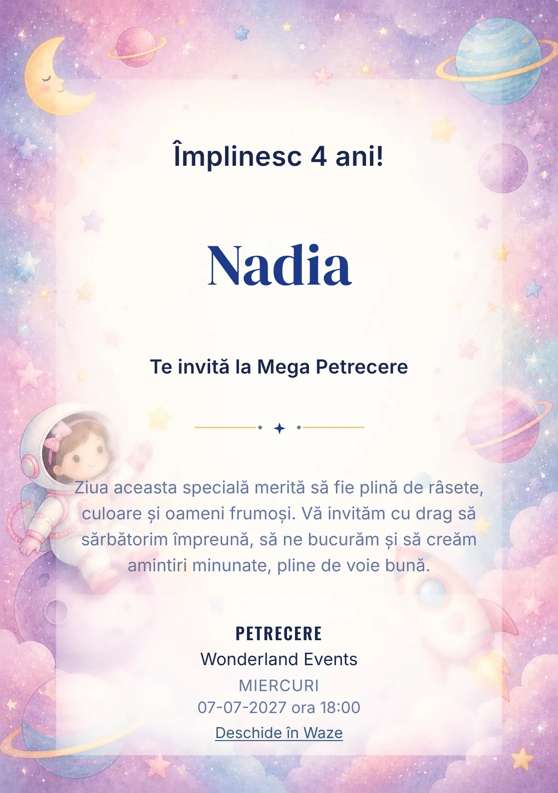Invitație la zi de naștere Micii Astronauți pentru copii, cu o astronaută, planete pastel și stele laterale.