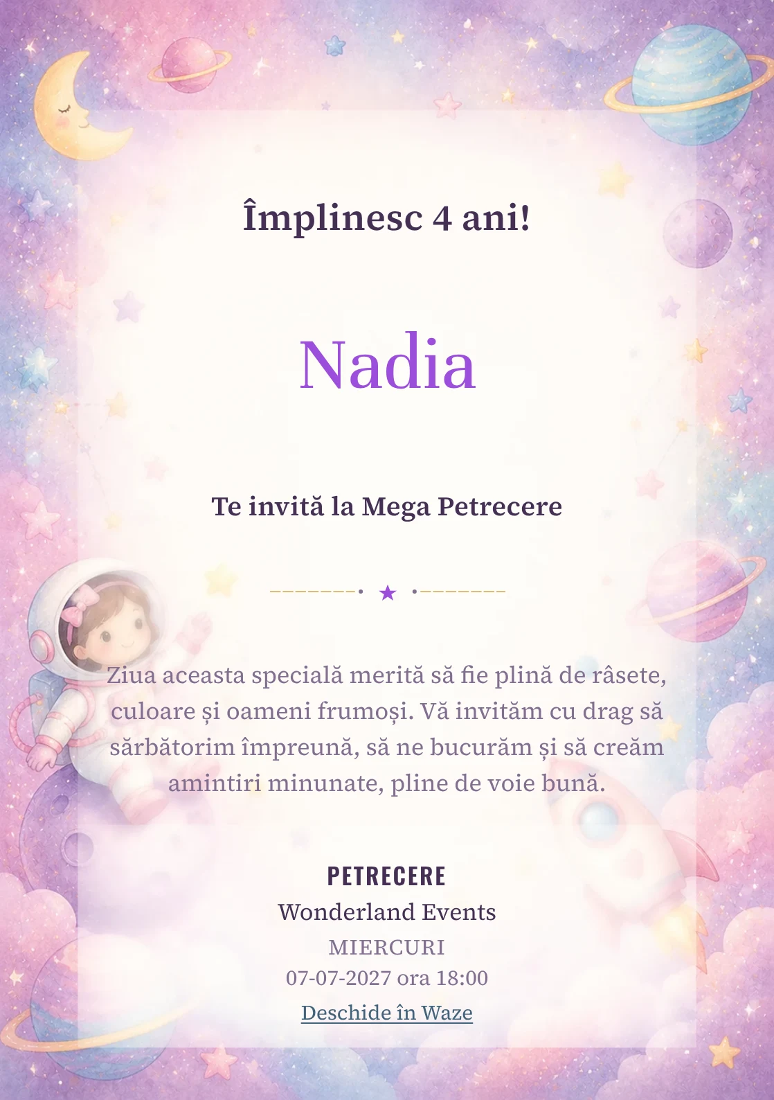 Invitație la zi de naștere Micii Astronauți pentru copii, cu o astronaută, planete pastel și stele laterale.
