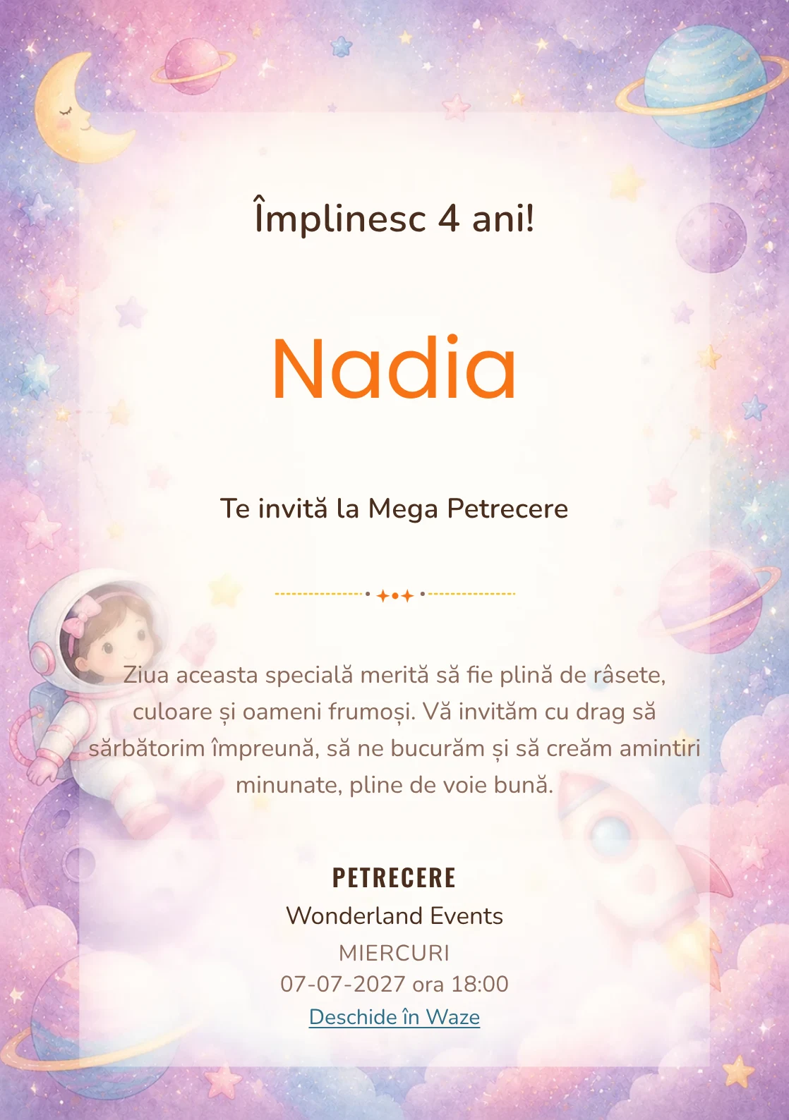 Invitație la zi de naștere Micii Astronauți pentru copii, cu o astronaută, planete pastel și stele laterale.
