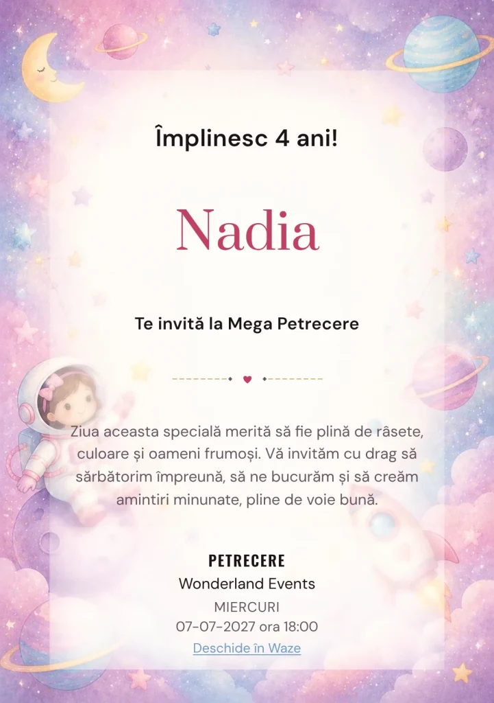 Invitație la zi de naștere Micii Astronauți pentru copii, cu o astronaută, planete pastel și stele laterale.