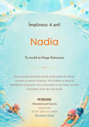 Micii Înotători, invitație de zi de naștere pentru copii, cu doi copii cu accesorii de înot.