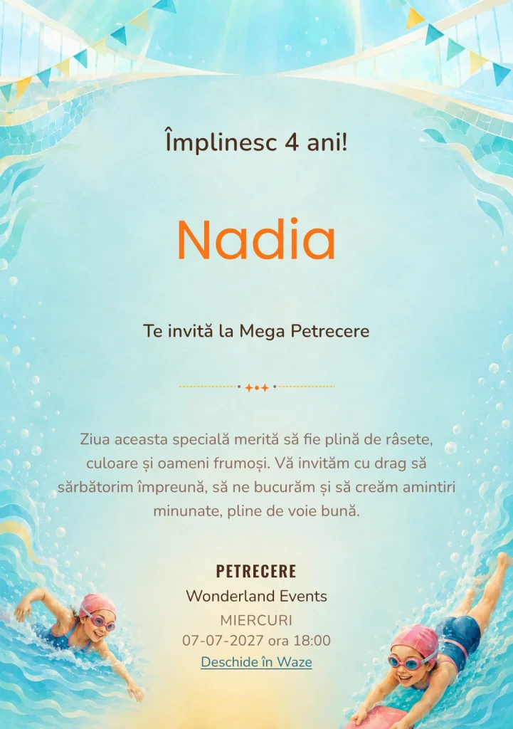 Micii Înotători, invitație de zi de naștere pentru copii, cu doi copii cu accesorii de înot.