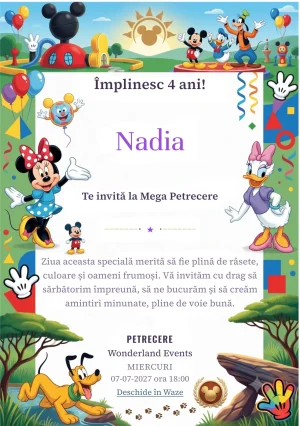 Invitație la ziua de naștere Mickey Mouse Clubhouse – Clubul Prietenilor Veseli pentru copii, cu personaje animate clasice, baloane, peisaj vesel și obiecte de joacă.