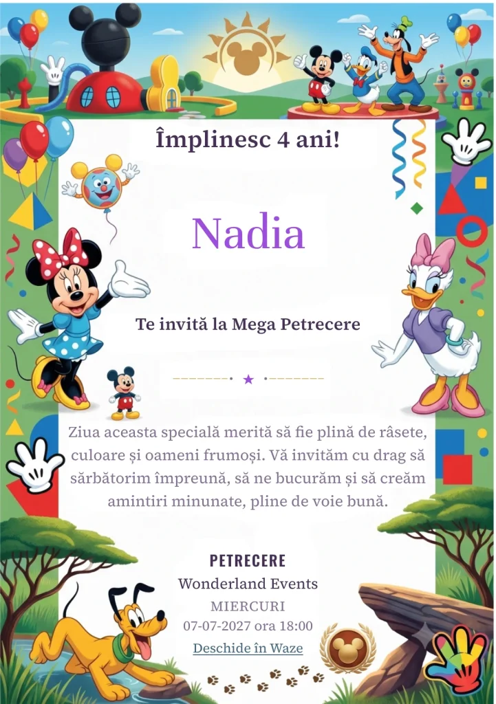 Invitație la ziua de naștere Mickey Mouse Clubhouse – Clubul Prietenilor Veseli pentru copii, cu personaje animate clasice, baloane, peisaj vesel și obiecte de joacă.