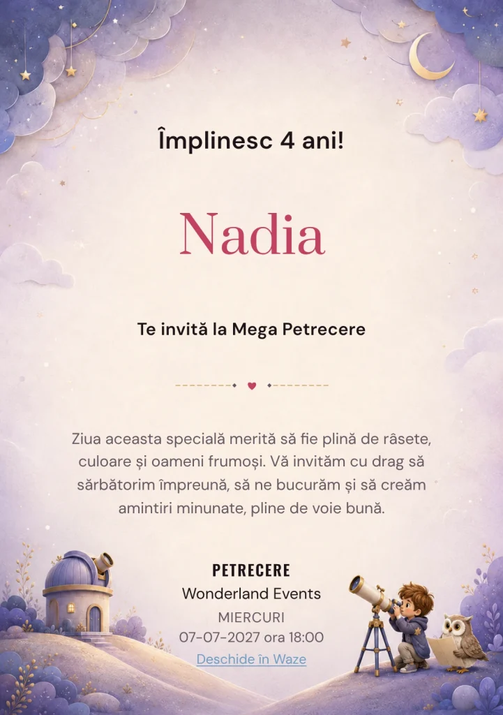 Modelul Micul Observator, invitație de zi de naștere pentru copii, prezintă un copil astronom și o bufniță stilizată.