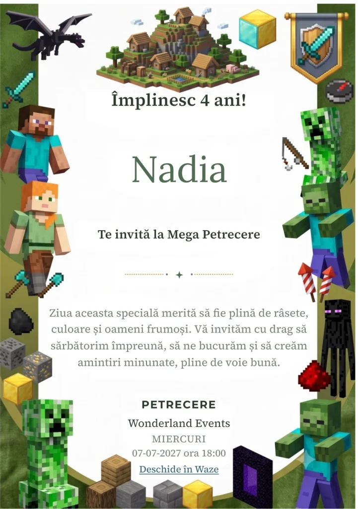 Invitație Minecraft de zi de naștere pentru copii, modelul Minecraft – Aventura Pixelată, cu o lume cubică, personaje pixelate.