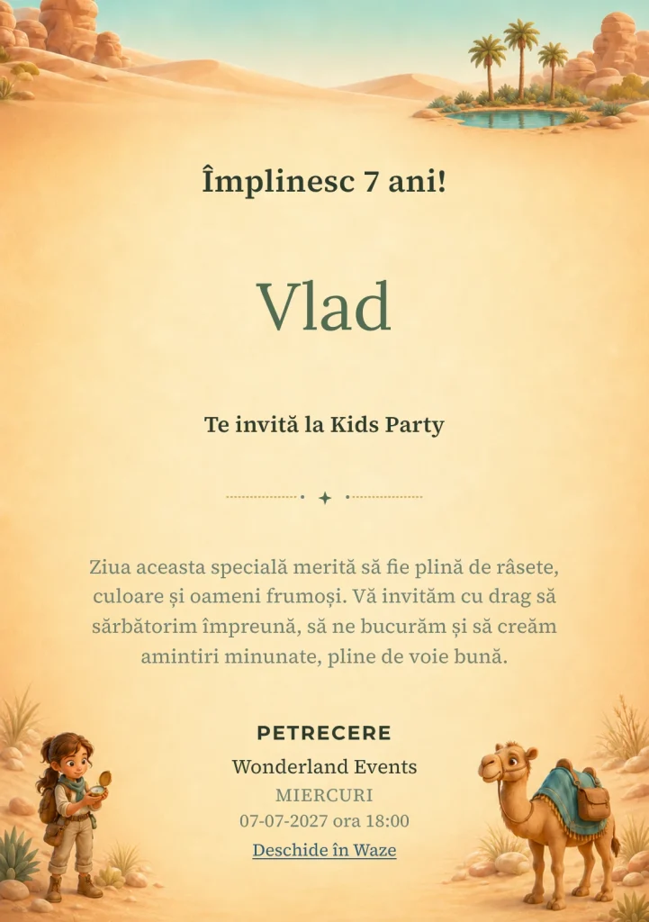 Invitație digitală Misiune în Deșert pentru ziua de naștere a copiilor, cu o exploratoare și o cămilă prietenoasă.