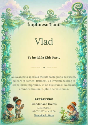 Modelul Misiune pe Planeta Verde, invitație de zi de naștere pentru copii, prezintă o mică echipă de cercetători cu echipament.