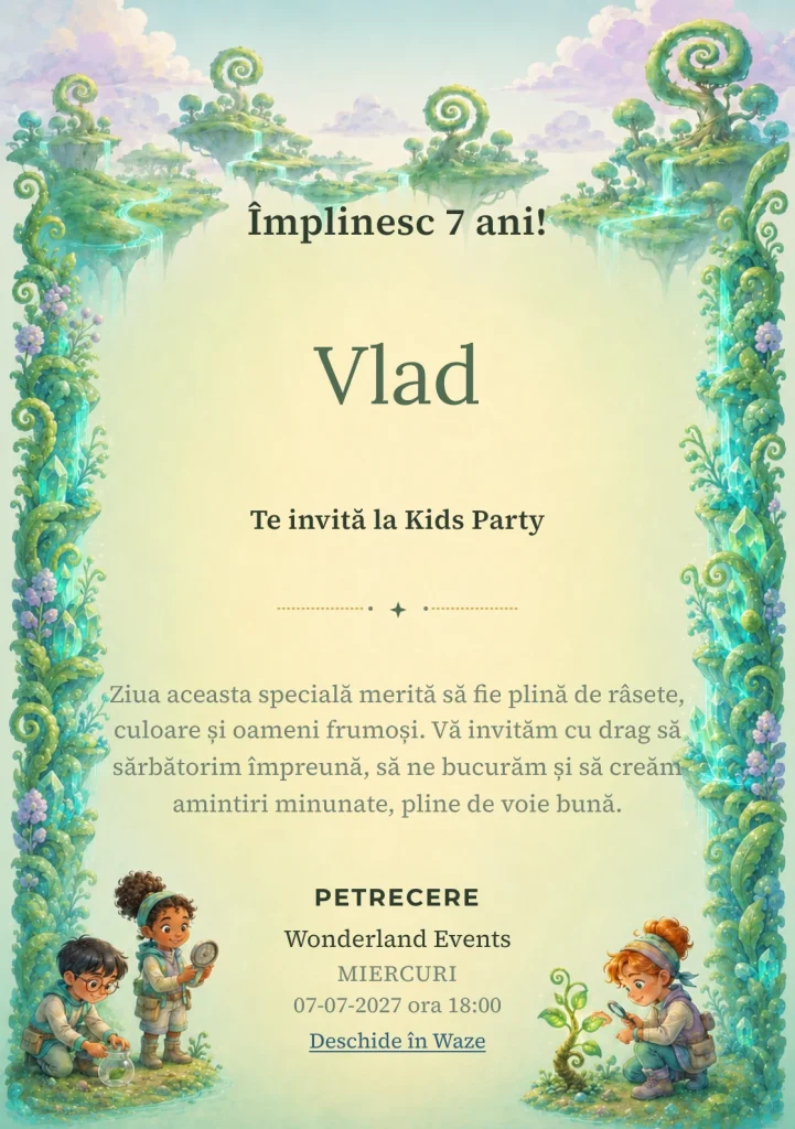 Modelul Misiune pe Planeta Verde, invitație de zi de naștere pentru copii, prezintă o mică echipă de cercetători cu echipament.