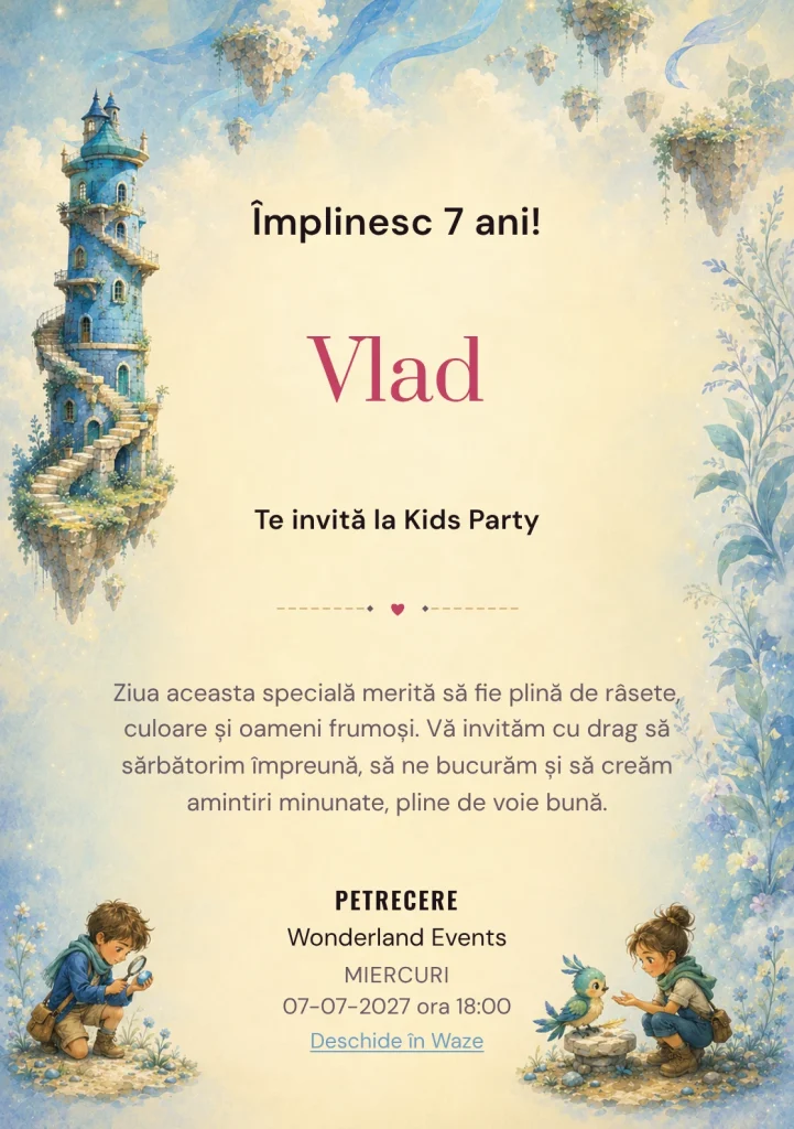 Misterul Turnului Albastru, invitație de zi de naștere pentru copii, cu o mică echipă de exploratori și o pasăre fantastică inventată.