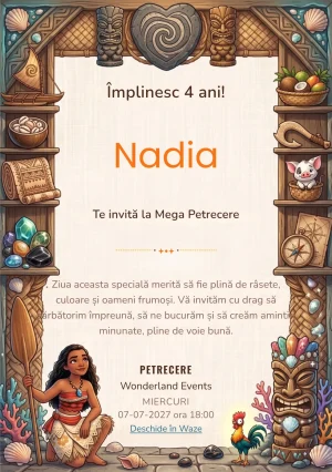 Modelul Moana – Aventura Insulei Tropicale, invitație de zi de naștere pentru copii, prezintă o insulă tropicală, personaj navigator, lemn sculptat și decor oceanic.