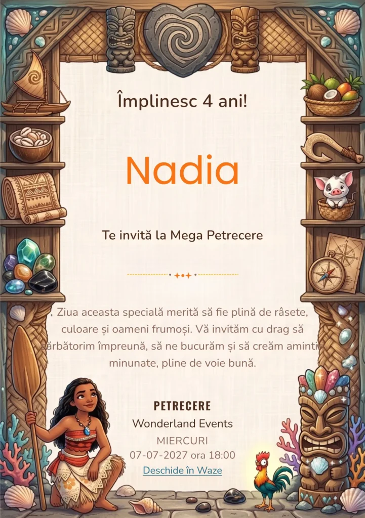Modelul Moana – Aventura Insulei Tropicale, invitație de zi de naștere pentru copii, prezintă o insulă tropicală, personaj navigator, lemn sculptat și decor oceanic.
