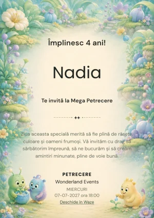 Invitație digitală Monstruleții Prietenoși pentru ziua de naștere a copiilor, cu trei creaturi : una verde-mentă cu antene, una bleu-lila pufoasă și una galben-piersică.