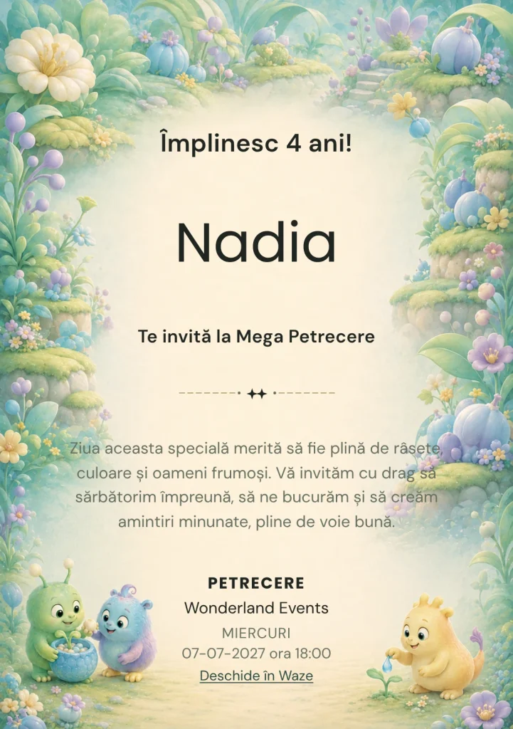 Invitație digitală Monstruleții Prietenoși pentru ziua de naștere a copiilor, cu trei creaturi : una verde-mentă cu antene, una bleu-lila pufoasă și una galben-piersică.
