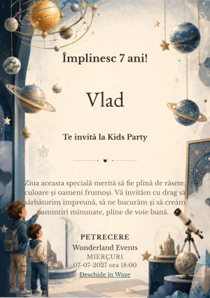 Muzeul Stelelor, invitație de zi de naștere pentru copii, cu un model stelar abstract și doi vizitatori-copii discreți.