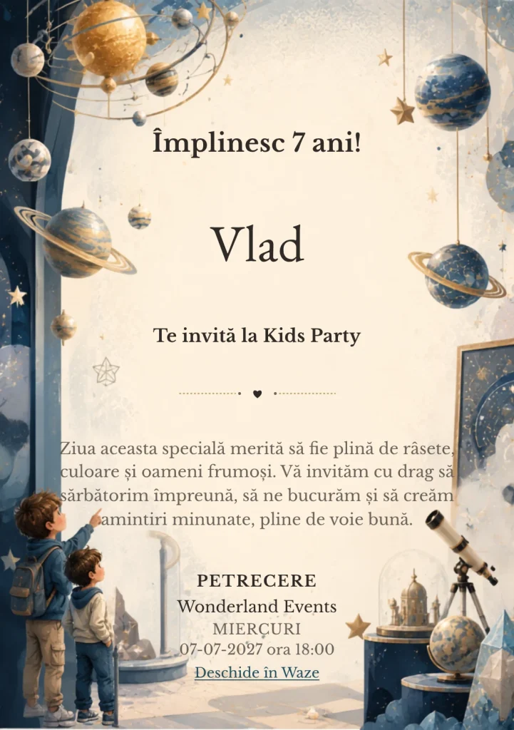 Muzeul Stelelor, invitație de zi de naștere pentru copii, cu un model stelar abstract și doi vizitatori-copii discreți.