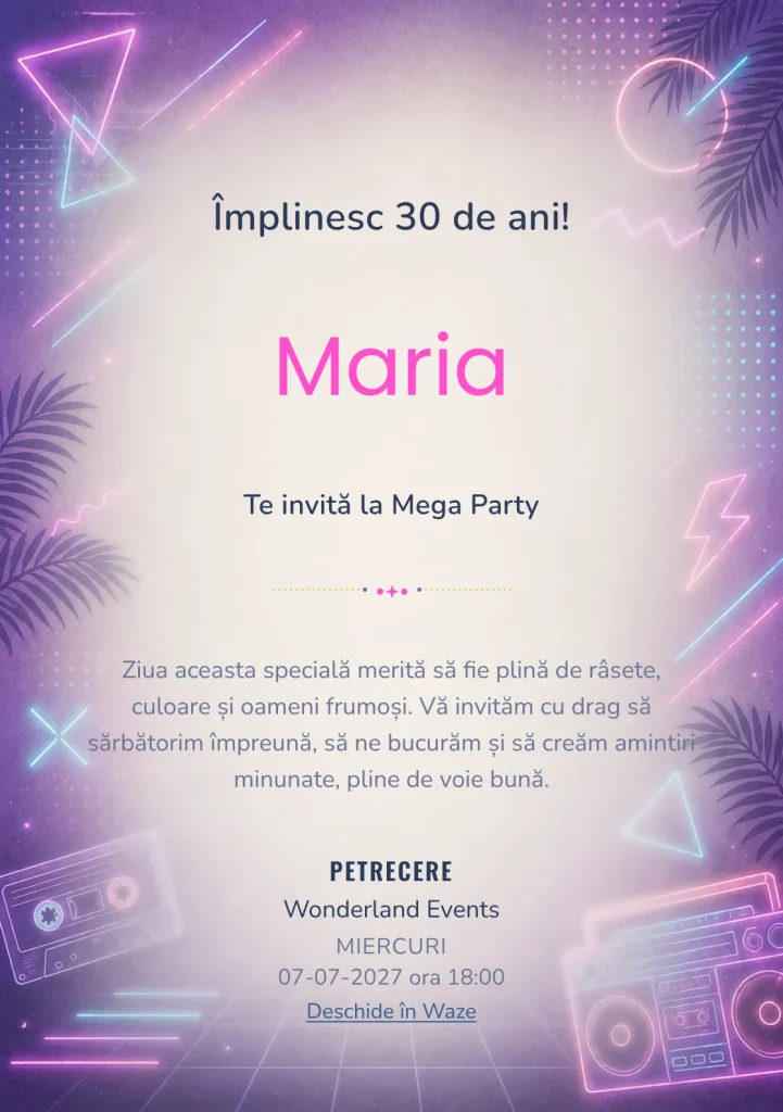 Modelul Neon Retro, invitație de zi de naștere pentru adulți, prezintă neon delicat, forme geometrice și atmosferă retro.