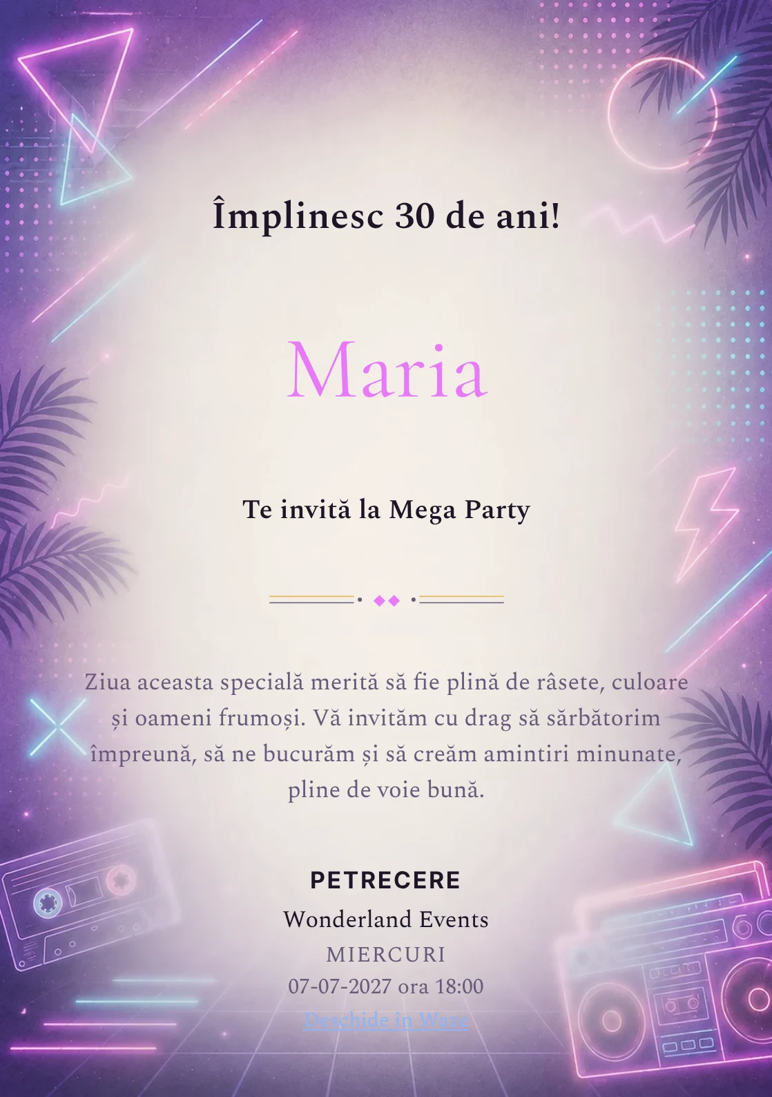 Modelul Neon Retro, invitație de zi de naștere pentru adulți, prezintă neon delicat, forme geometrice și atmosferă retro.