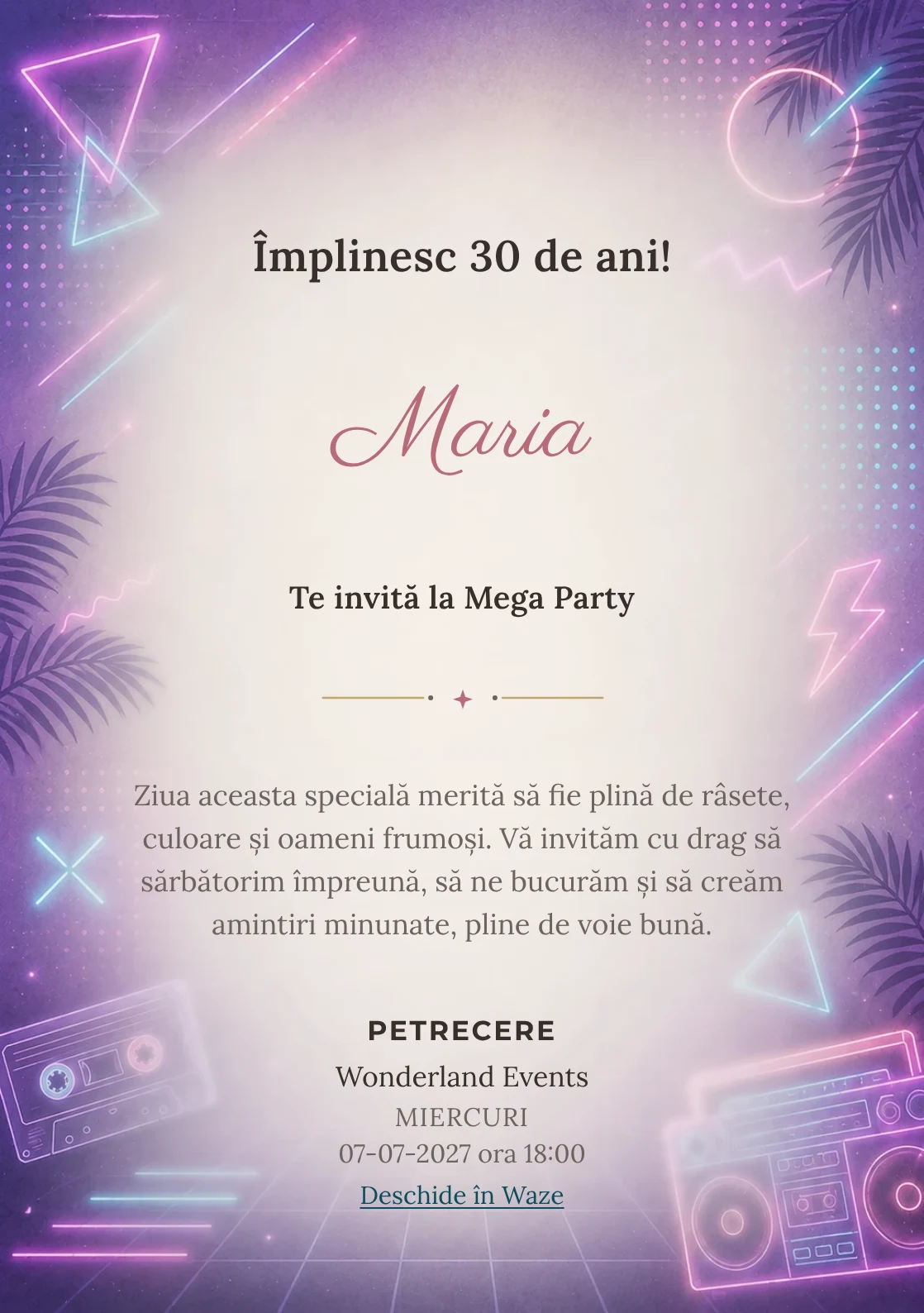 Modelul Neon Retro, invitație de zi de naștere pentru adulți, prezintă neon delicat, forme geometrice și atmosferă retro.