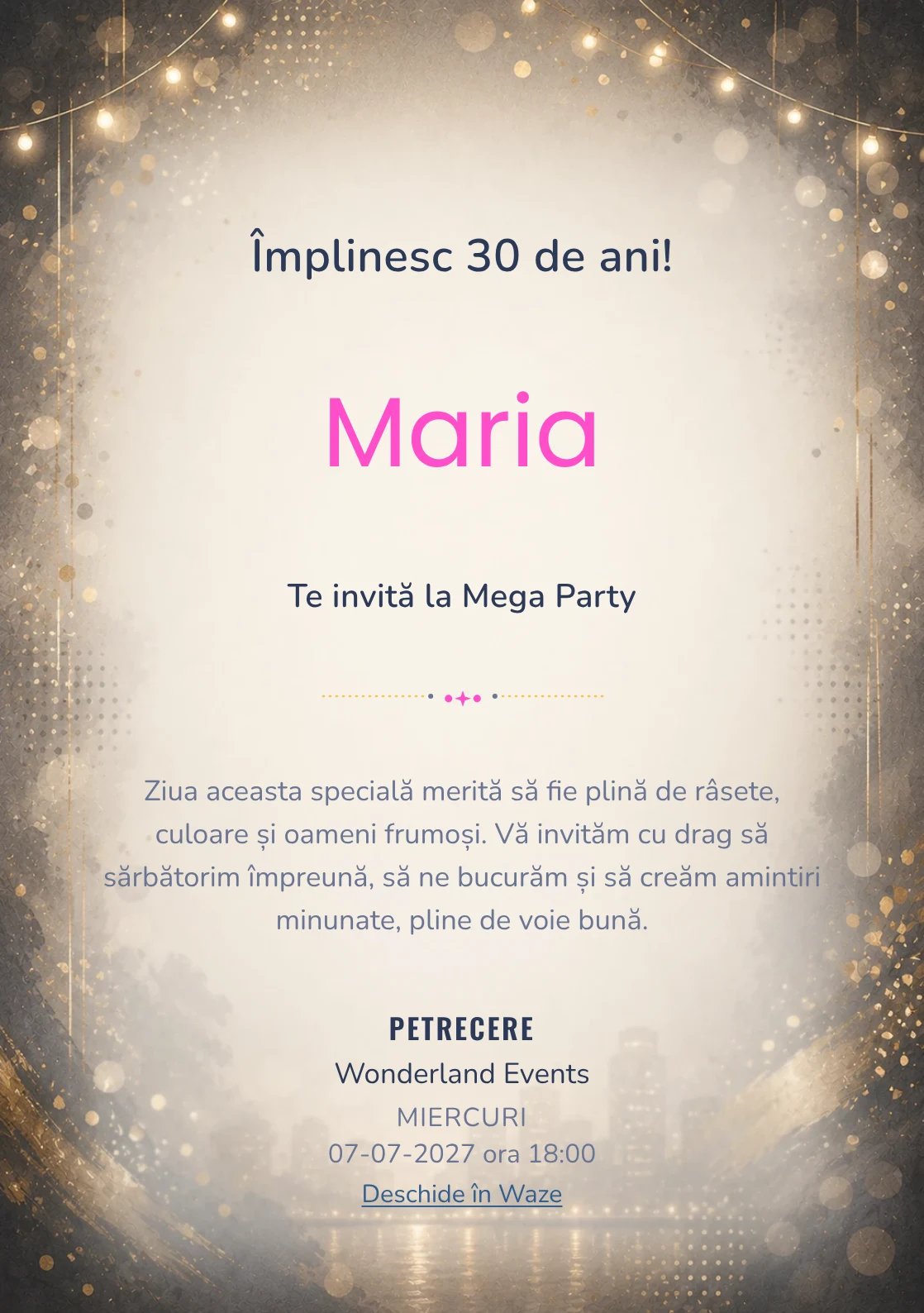 Modelul Noapte Glam, invitație de zi de naștere pentru adulți, prezintă lumini de seară, paiete mate și aur vechi.