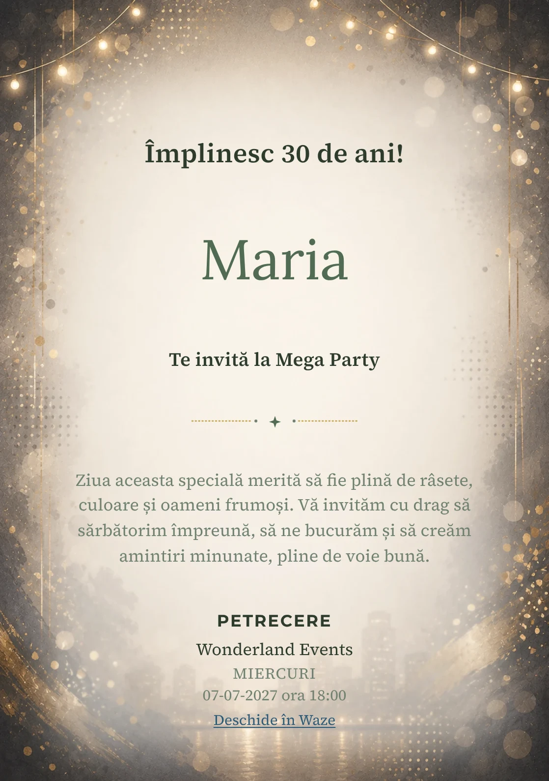 Modelul Noapte Glam, invitație de zi de naștere pentru adulți, prezintă lumini de seară, paiete mate și aur vechi.