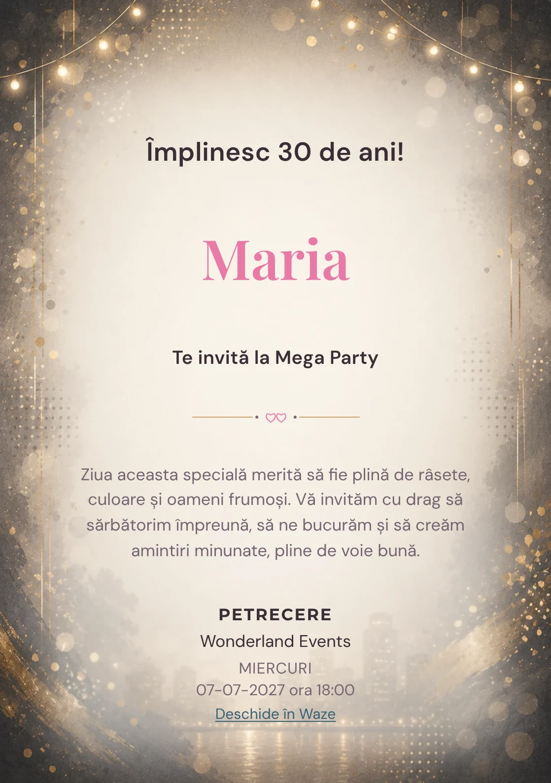 Modelul Noapte Glam, invitație de zi de naștere pentru adulți, prezintă lumini de seară, paiete mate și aur vechi.