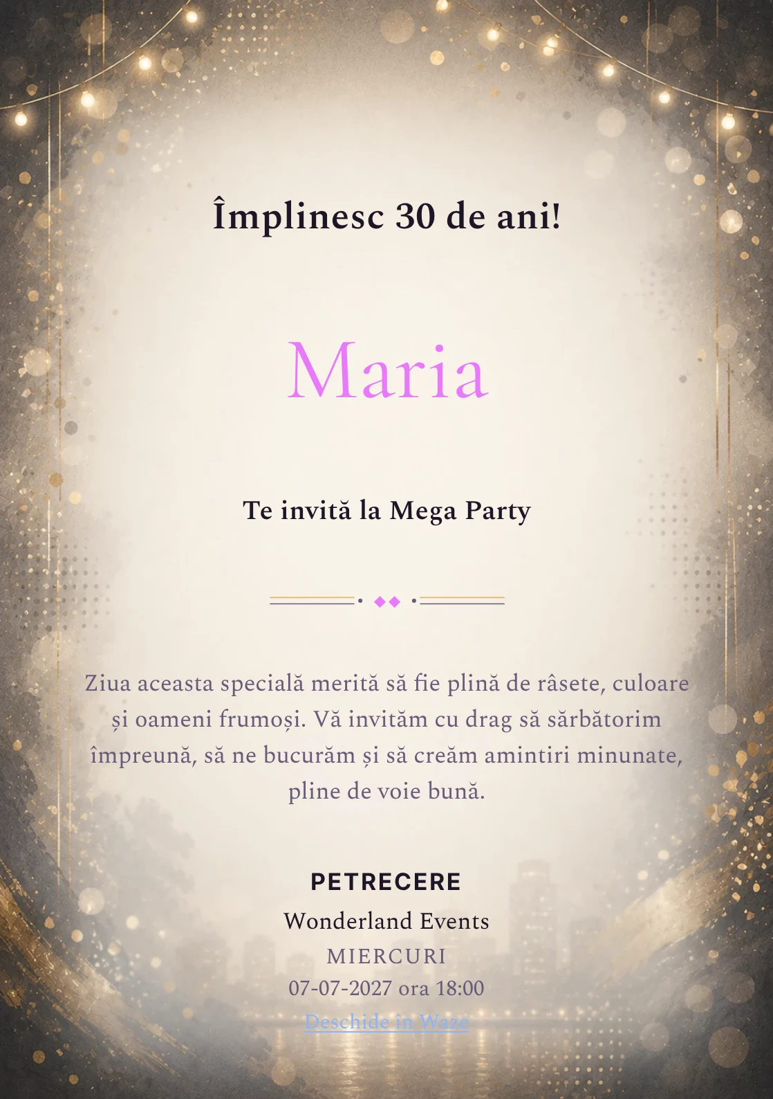 Modelul Noapte Glam, invitație de zi de naștere pentru adulți, prezintă lumini de seară, paiete mate și aur vechi.