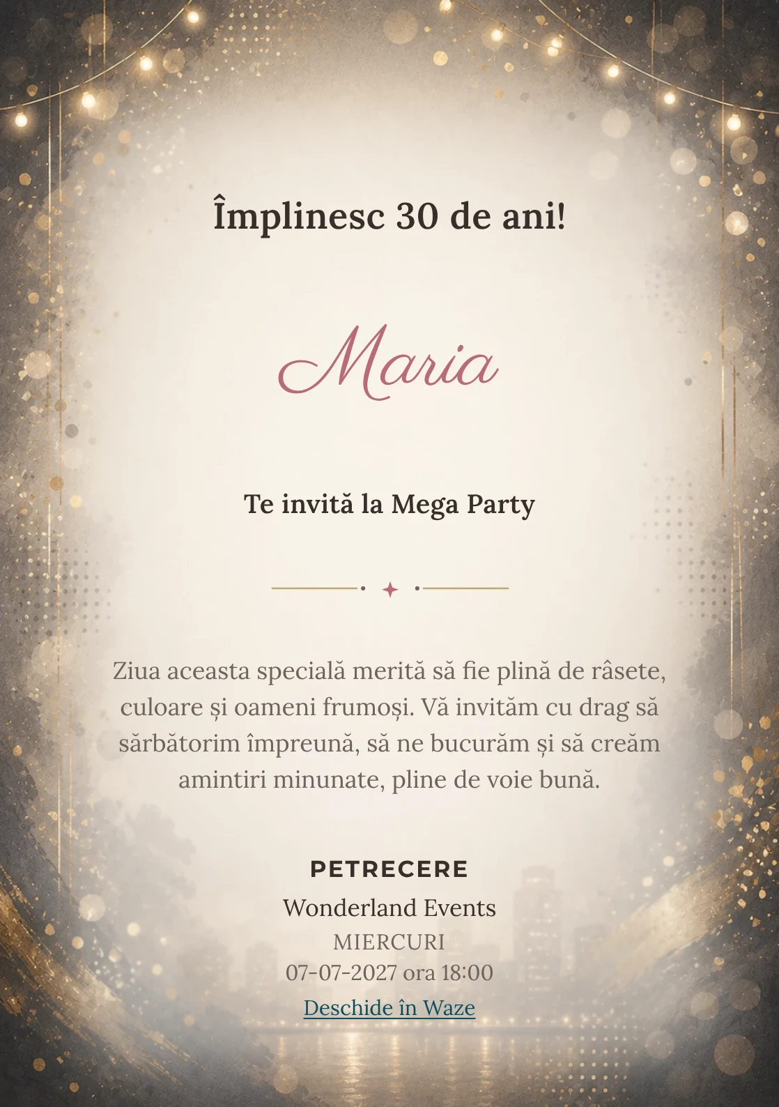 Modelul Noapte Glam, invitație de zi de naștere pentru adulți, prezintă lumini de seară, paiete mate și aur vechi.