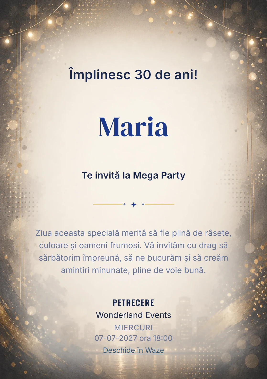 Modelul Noapte Glam, invitație de zi de naștere pentru adulți, prezintă lumini de seară, paiete mate și aur vechi.