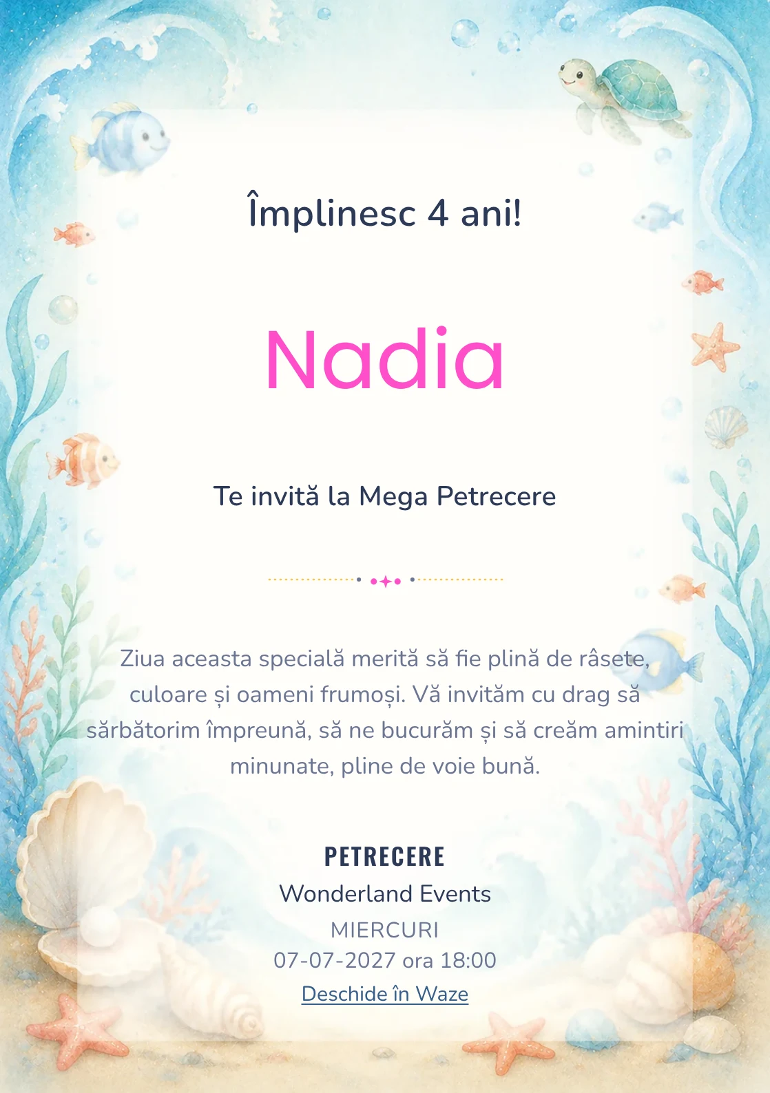 Invitație digitală Ocean Junior pentru ziua de naștere a copiilor, cu peștișori, valuri, scoici și coral pal.