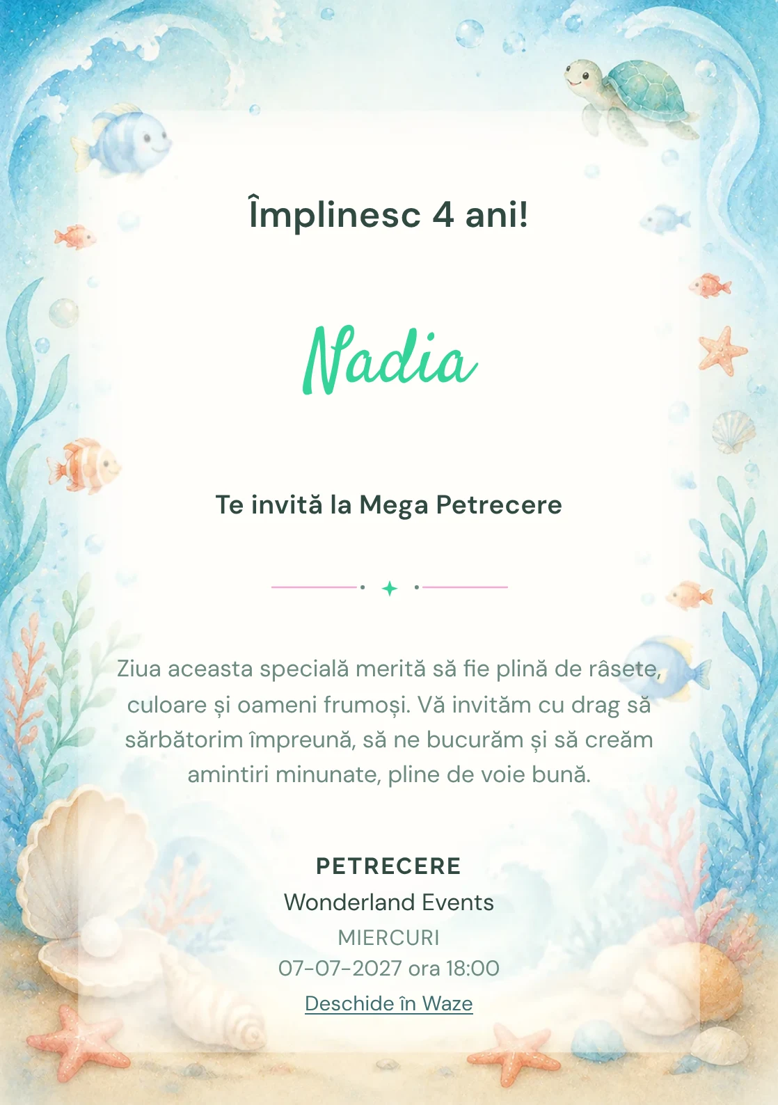 Invitație digitală Ocean Junior pentru ziua de naștere a copiilor, cu peștișori, valuri, scoici și coral pal.