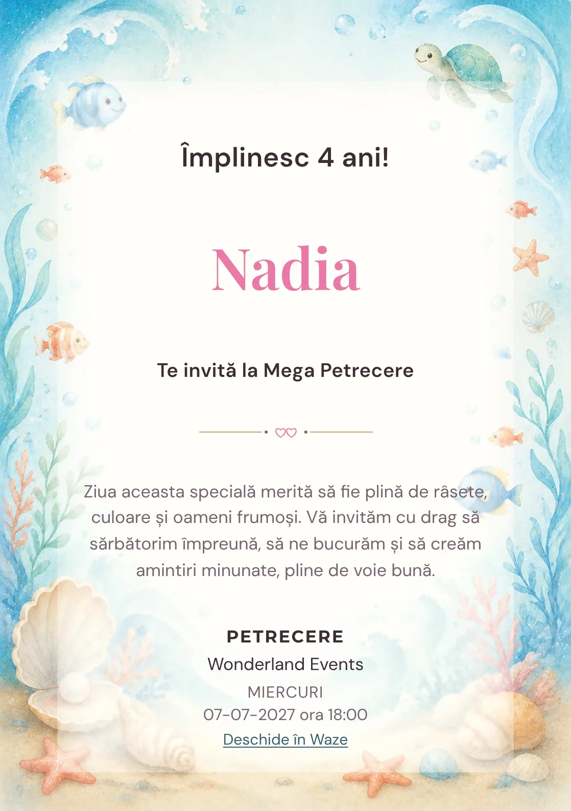 Invitație digitală Ocean Junior pentru ziua de naștere a copiilor, cu peștișori, valuri, scoici și coral pal.