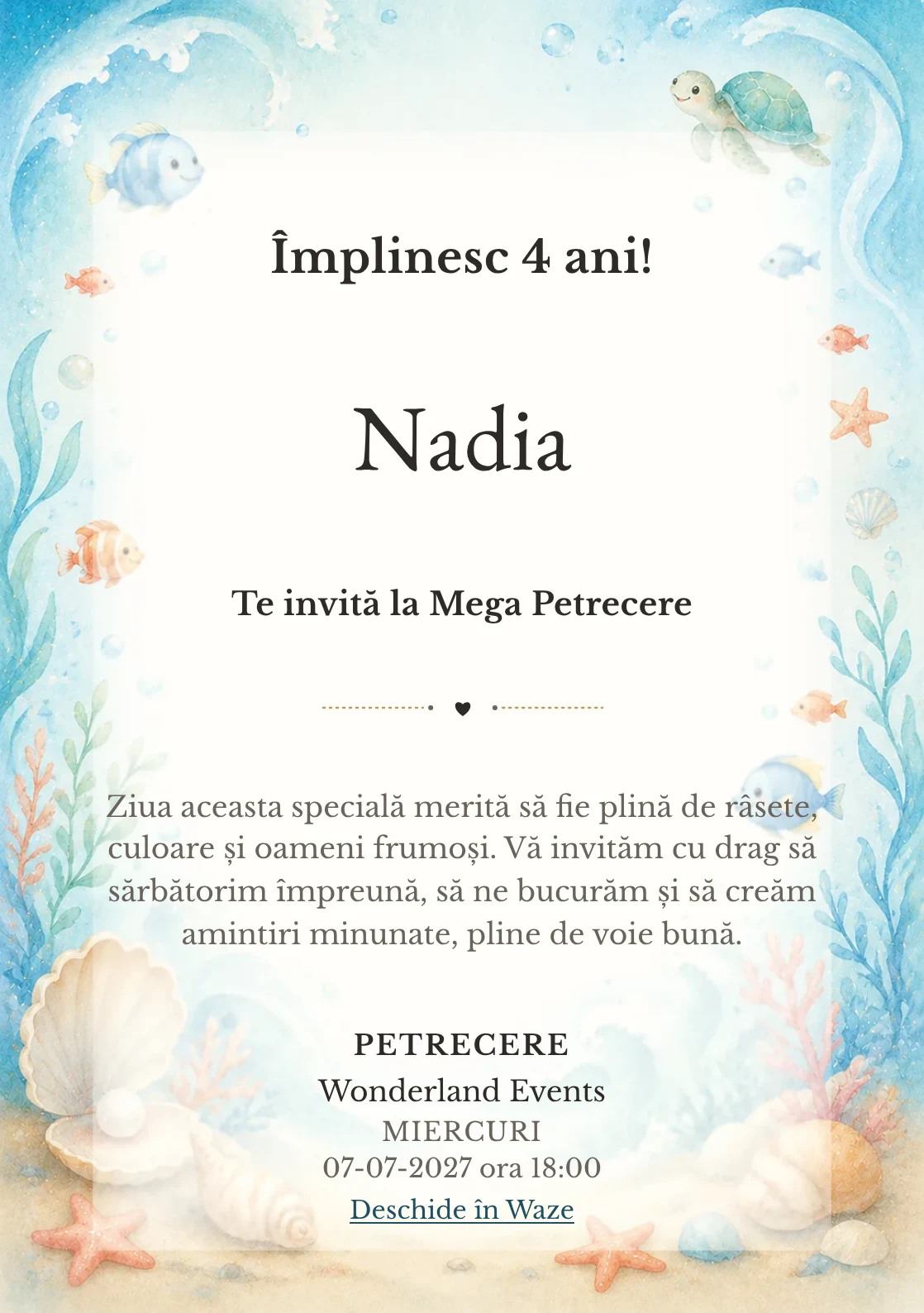 Invitație digitală Ocean Junior pentru ziua de naștere a copiilor, cu peștișori, valuri, scoici și coral pal.