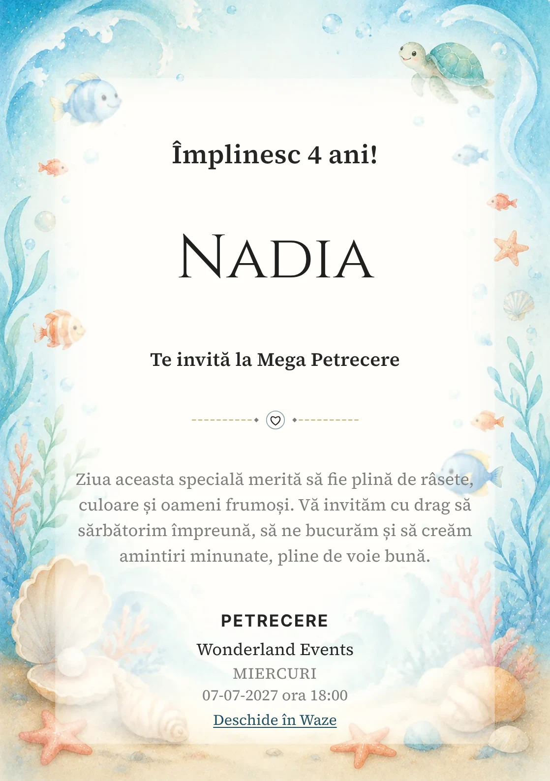 Invitație digitală Ocean Junior pentru ziua de naștere a copiilor, cu peștișori, valuri, scoici și coral pal.