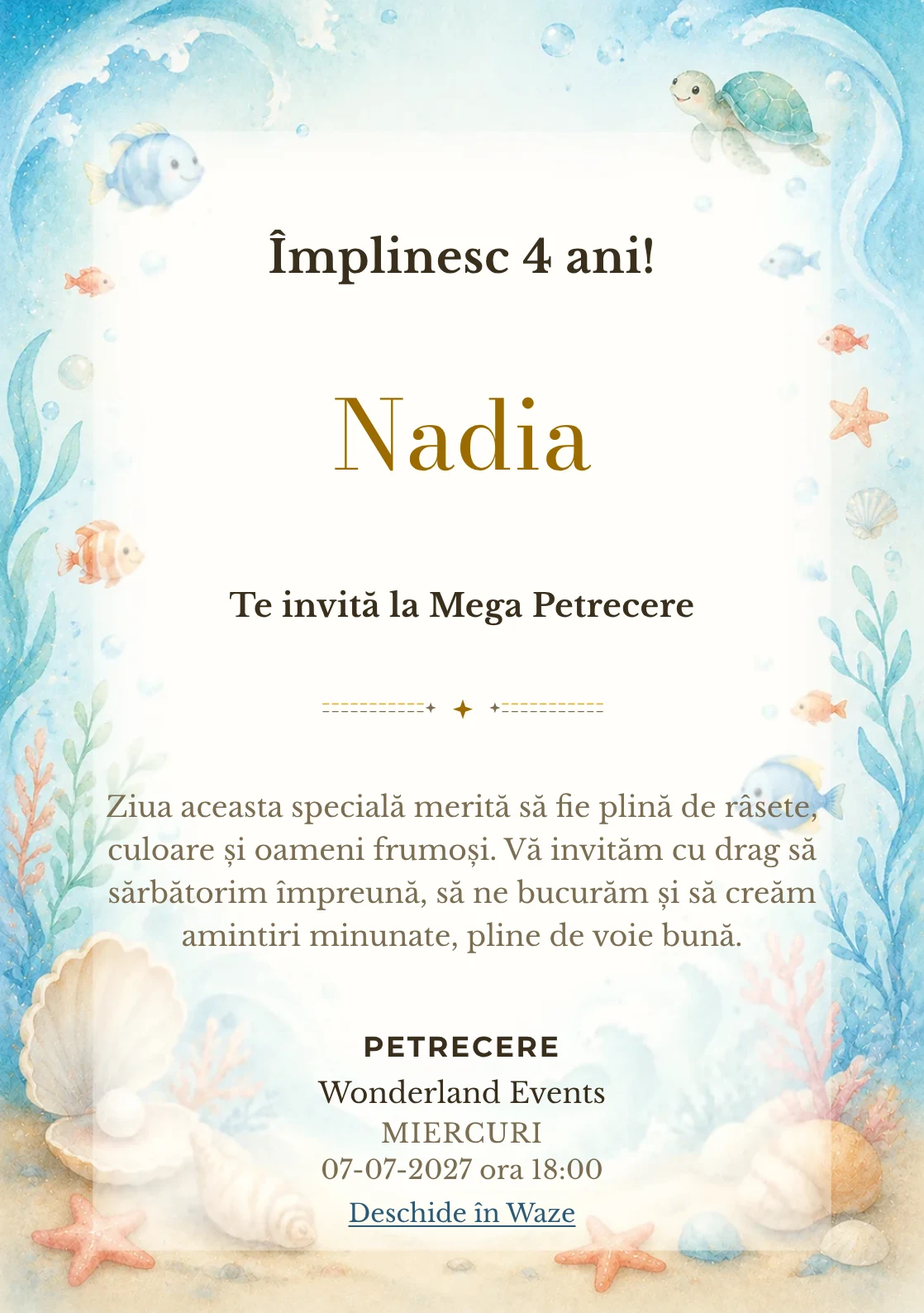 Invitație digitală Ocean Junior pentru ziua de naștere a copiilor, cu peștișori, valuri, scoici și coral pal.