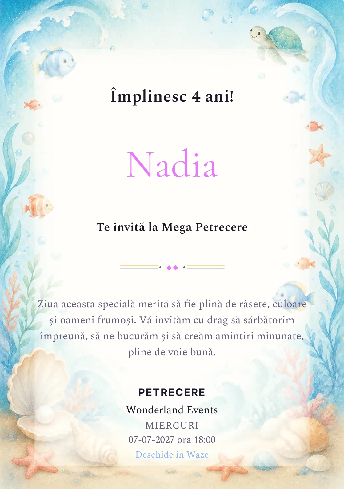 Invitație digitală Ocean Junior pentru ziua de naștere a copiilor, cu peștișori, valuri, scoici și coral pal.